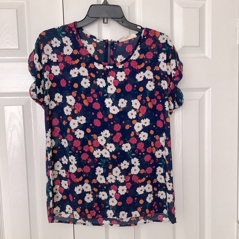 Hippie Rose Vibrant Navy Pink Orange Floral Print Women's Top M